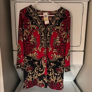 JM Collection Red and Black Blouse with Gold Accents